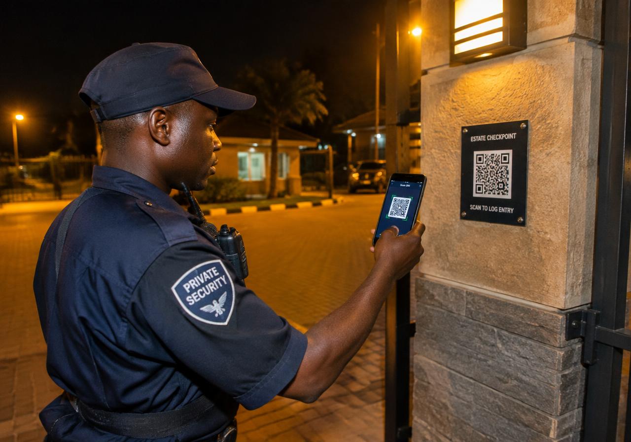 Security guard scanning an estate checkpoint QR code with a smartphone at night